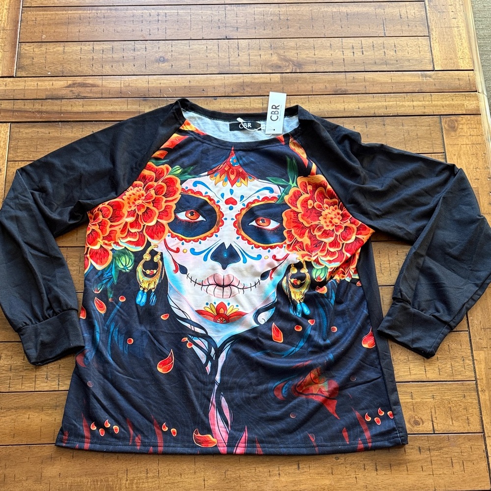 CBR Chic Boutique Rose Sugar Skull Design Shirt Top Large